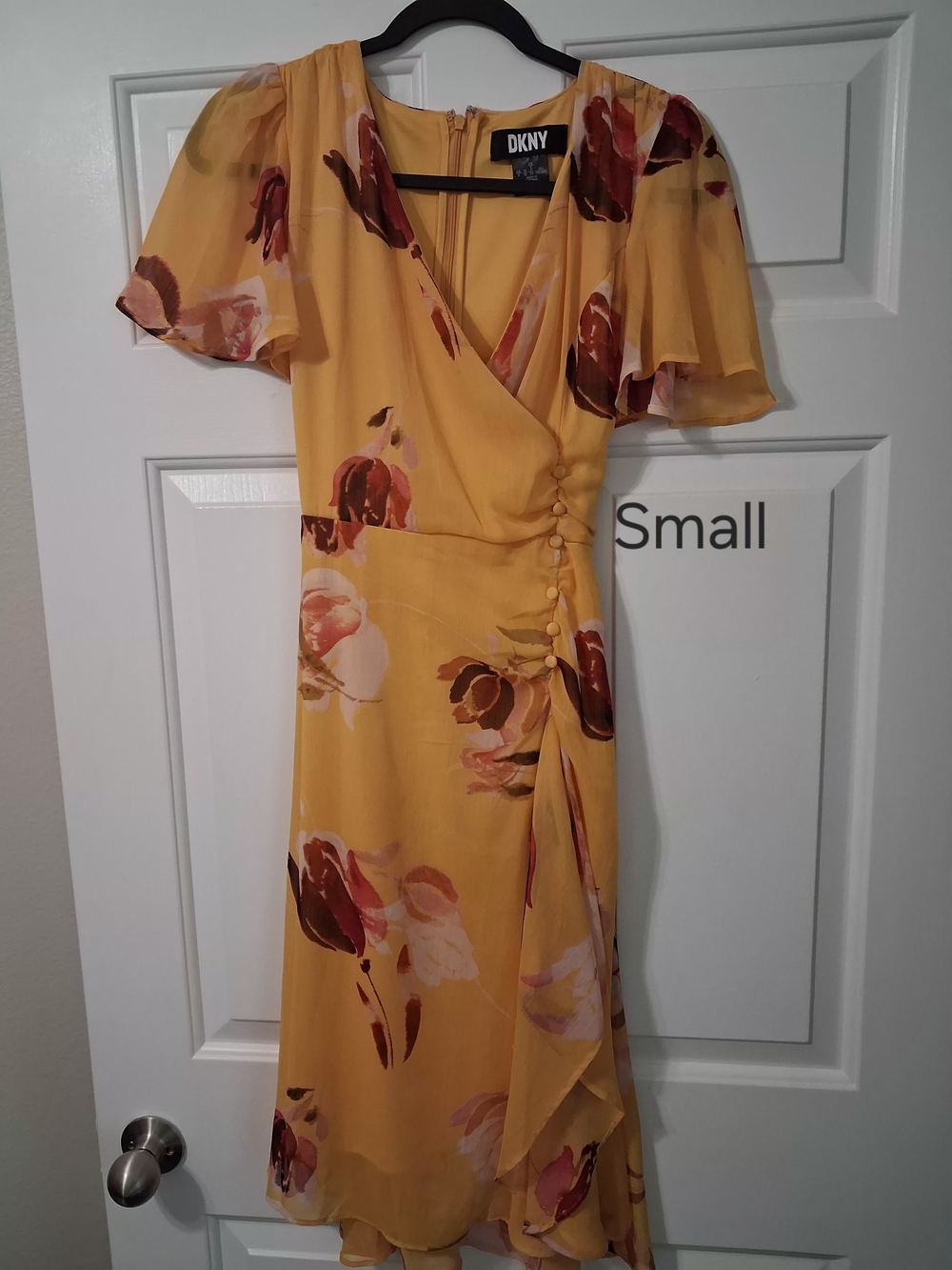 DKNY Yellow Floral Wrap-Style Midi Dress